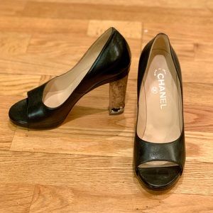 Chanel Black Leather Open-Toe Cork Heel